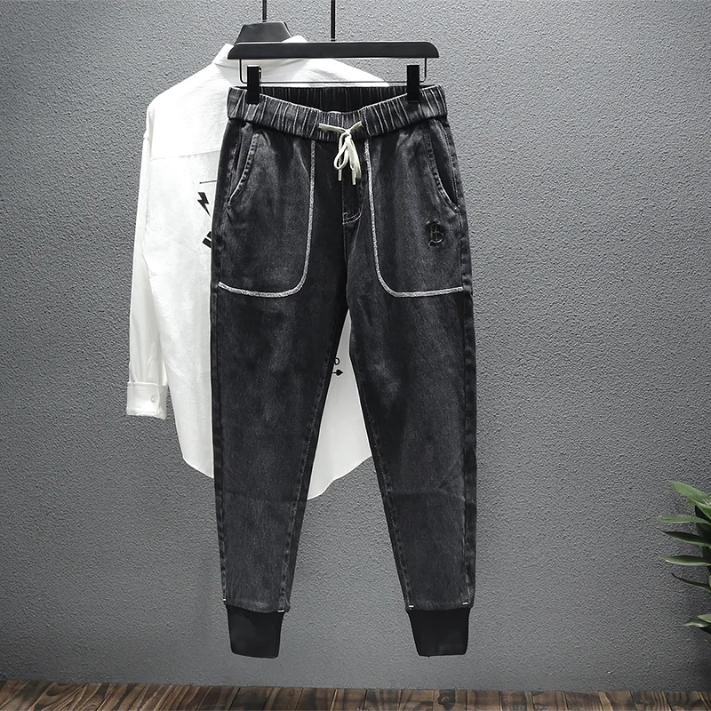 Мужские джинсы свободного покроя, черные или серые джинсы с небольшой нитью и свободной талией, осень 2020