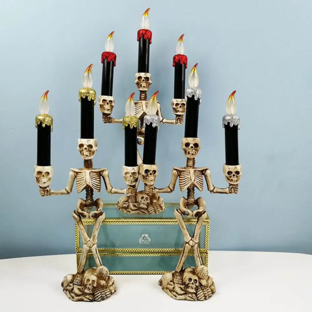 

Halloween 3 Arm Candelabra Candles With Skull Base Ghost Festival Decor