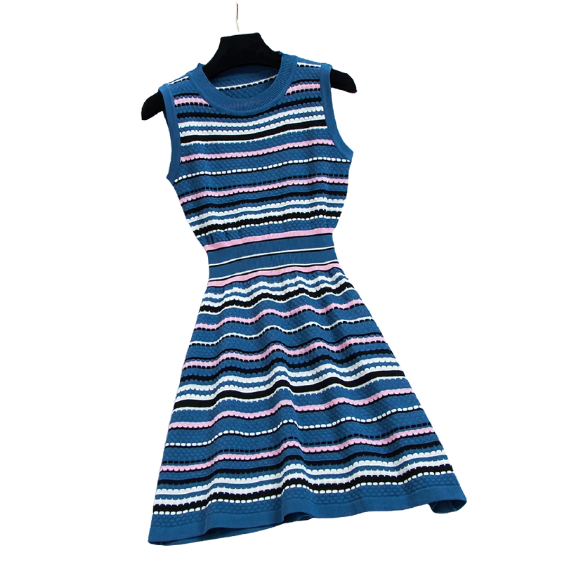 

Women's Summer Dress Korean Style Retro Color Striped Round Neck Sleeveless Short Dress New Waist Slim Feamle Dresses DE678