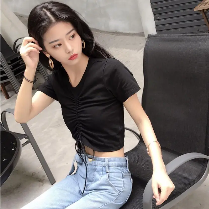 

Summer Women 's New Sexy Short-sleeved T- shirt Tide Korean Chic Short Slim Drawstring Pleated Crop Top