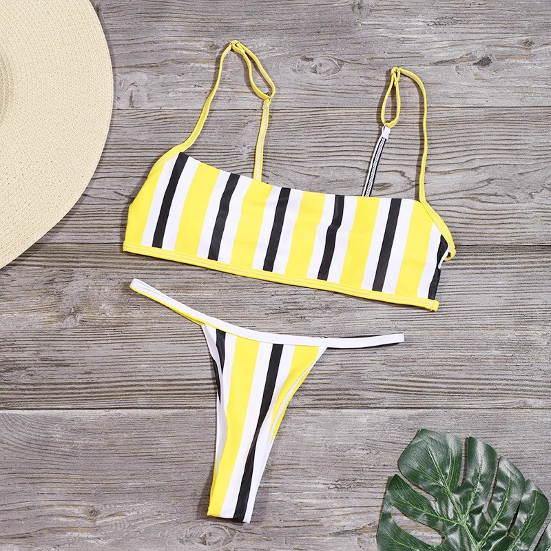 

2021 New Solid Color Sexy Bikini Striped Split Swimsuit