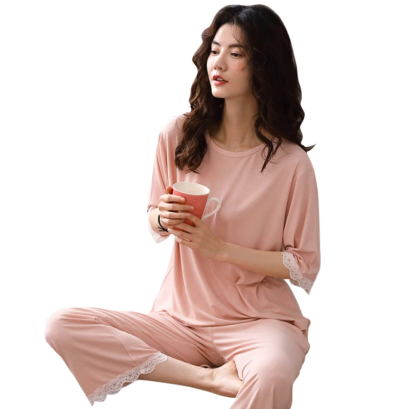 

Pajama Sets Women short Sleeve lace O neck Elegant Cardigans Sleepwear Womens Korean Style Printed Loose Simple Casual sleep