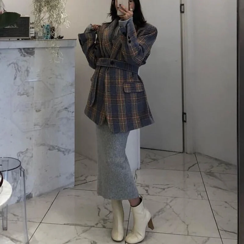 KINOMI осень зима 2019 Новый Винтажный клетчатый шерстяной Женский блейзер с длинным