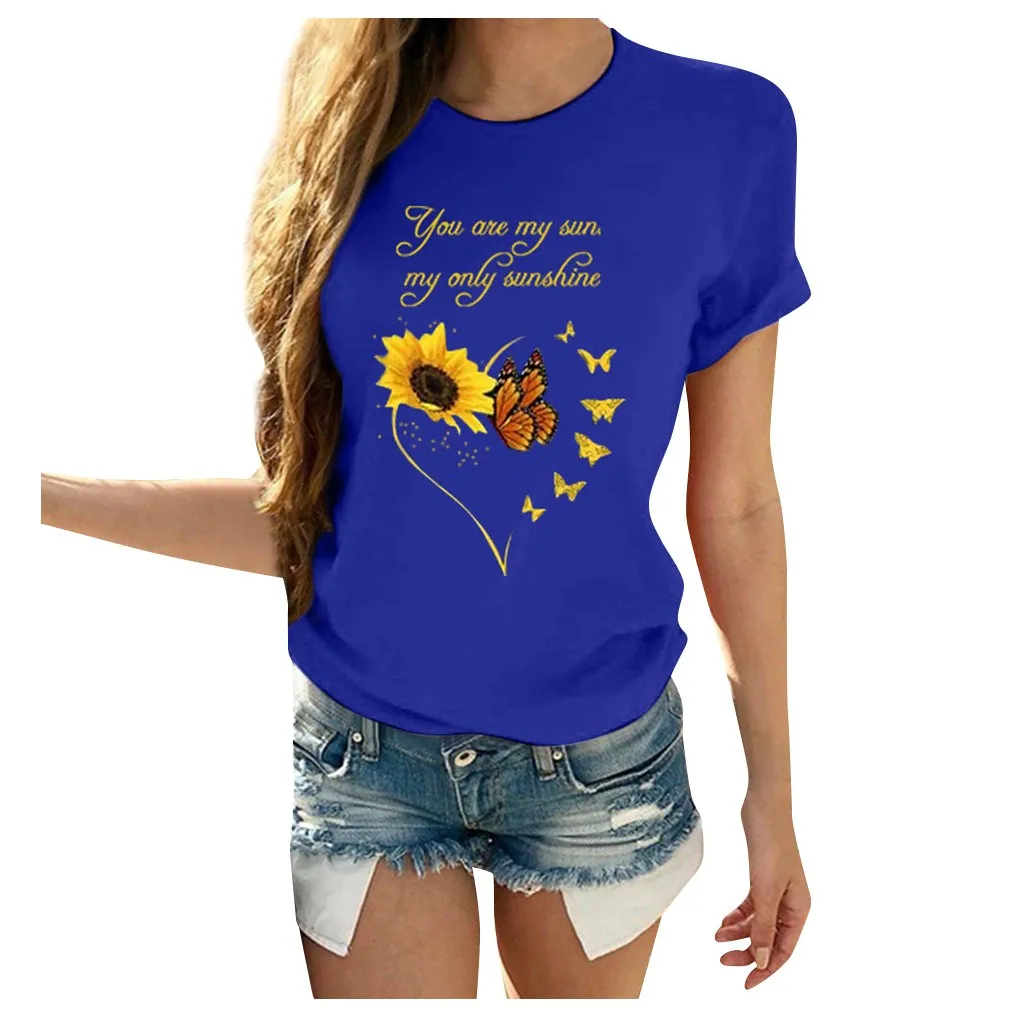 

bes tsale T Shirt Women's Sunflower Letter Printing Short Sleeve O-Neck T-Shirt Top women clothes ropa mujer