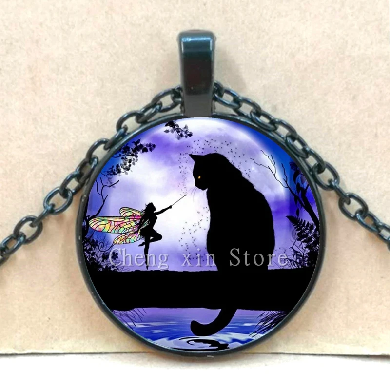 Фея и черная кошка фото искусстве стекло кабошон ожерелье с подвеской лунного