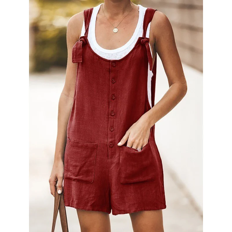 

2021 Summer New Women's Fashion Casual Solid O Neck Spaghetti Straps Bow Sleeveless Buttons Pockets Loose Waist Playsuits Ladies