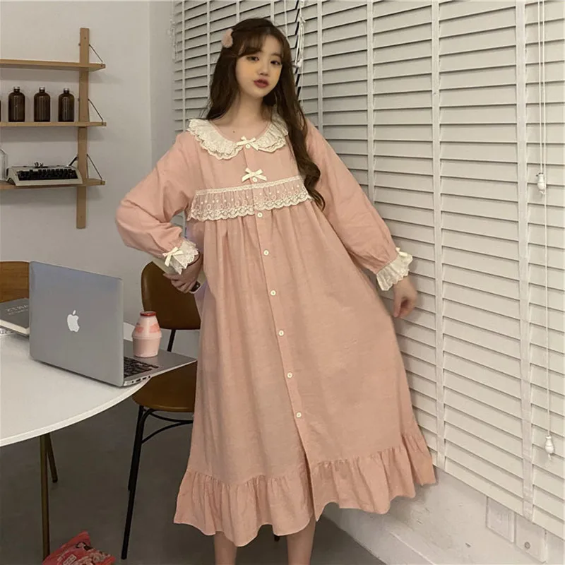 

Retro Palace Wind Woman Clothes Lace Nightdress Spring Autumn Long Sleeve Pure Cotton Pink Long Nightwear Bow Button Sleepwear