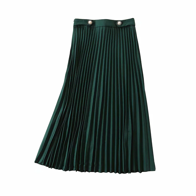 

Vintage Solid-green pleated midi skirt pearls button decorate side zipper office ladies elegant fashion streetwear women skirts