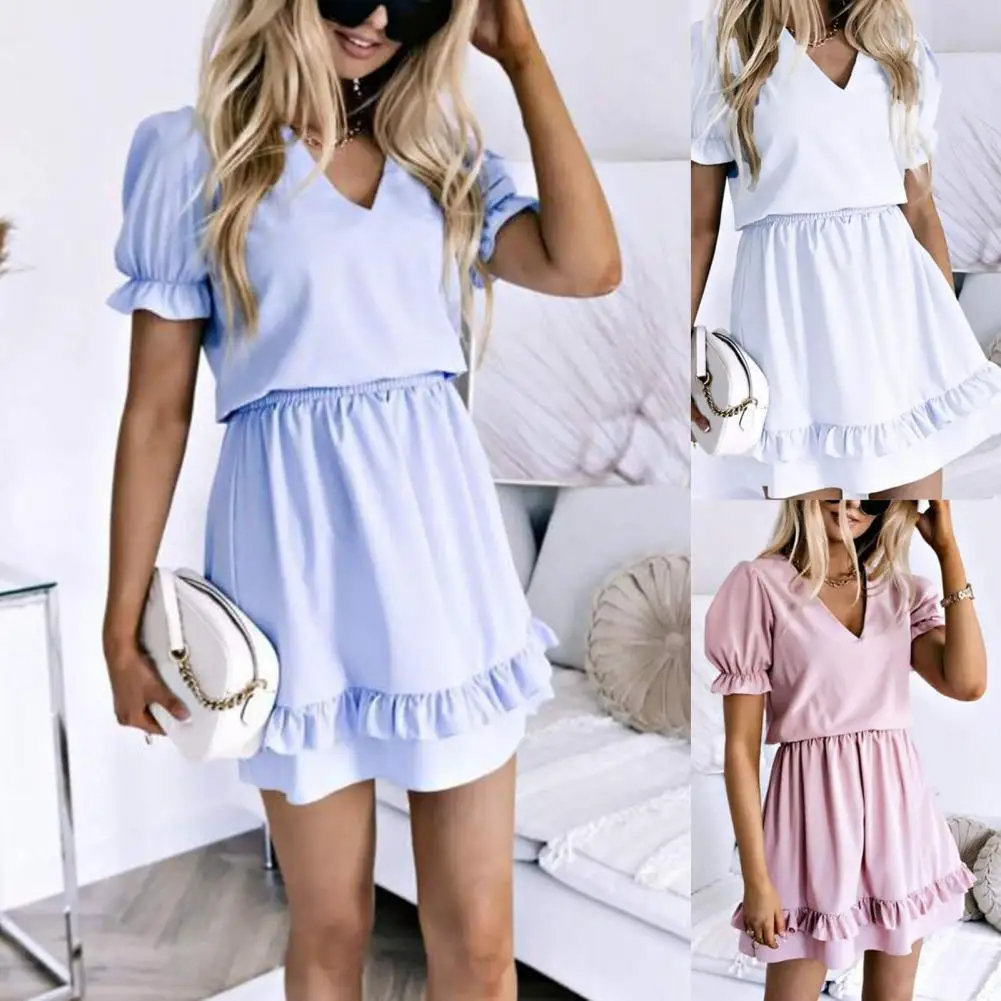 

Женское мини-платье с V-образным вырезом, однотонное платье-трапеция с оборками на Подоле и коротким рукавом для офиса