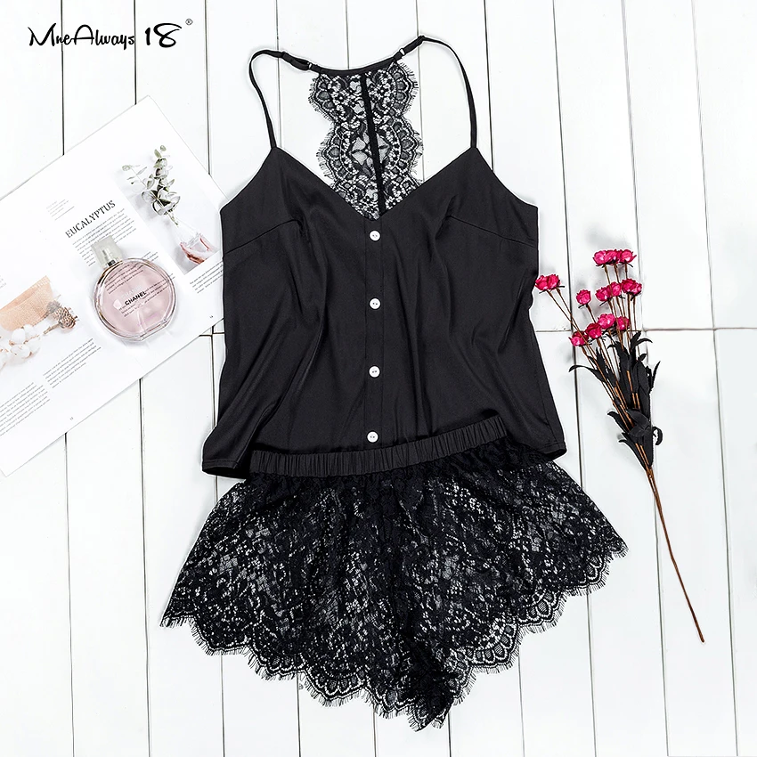 Mnealways18 черная атласная пижама на тонких бретельках топ пижамный комплект женское