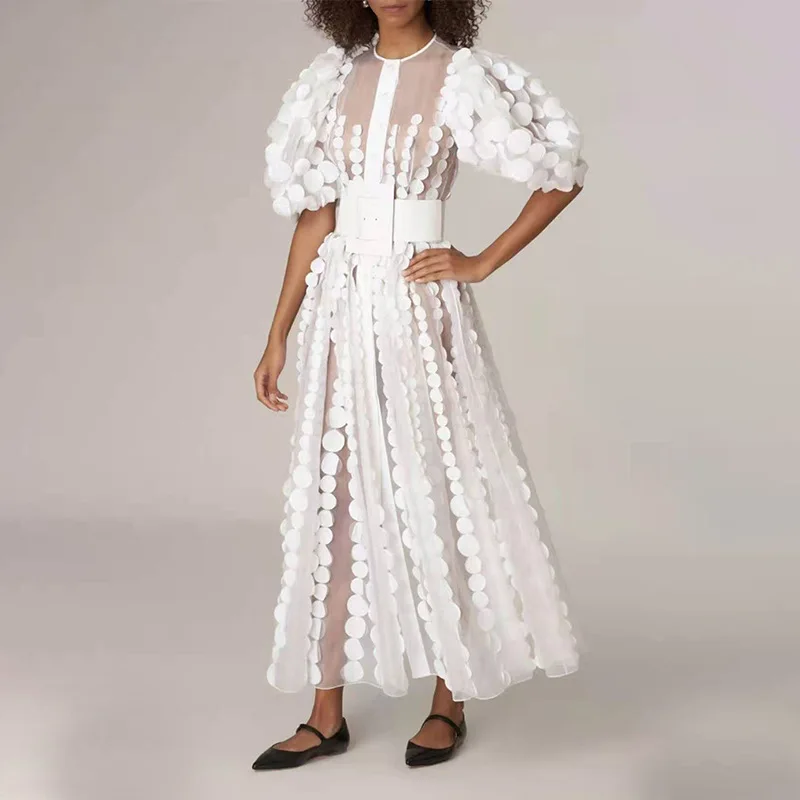 Женское платье-миди с круглым вырезом и пышными рукавами | Женская одежда