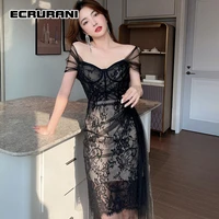 ecrurani temperament dress for women slash neck off shouder mesh lace high waist tunic dresses female summer 2021 tide clothing