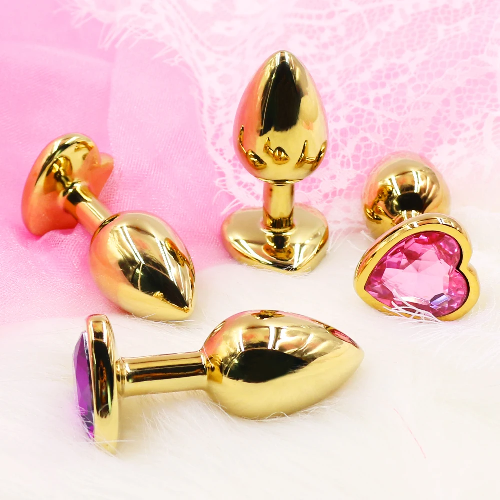 Анальная пробка с золотым металлическим розовым кристаллом в форме сердца