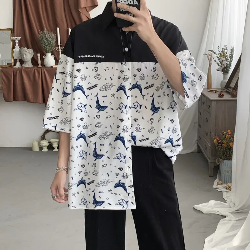 

2021 Summer New Arrivals manyin ice silk short sleeve shirt loose Male Korean casual personality anime boy Free shipping Sale