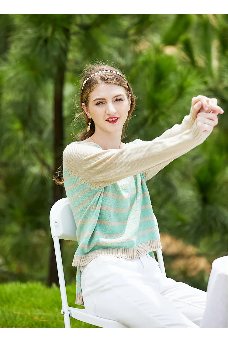 

Женский шерстяной свитер, Новый Повседневный Свободный пуловер в полоску с круглым вырезом и короткой спинкой, Осень-зима 2020