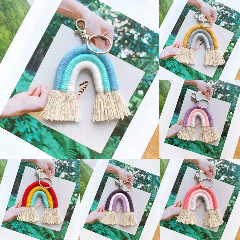 

Sweet Rainbow Keychains Weaving Bag Charm Boho Macrame Bag Decor Car Hanging Keyring