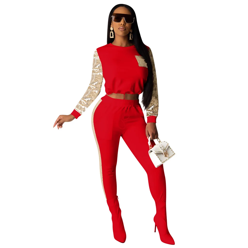 Sequin Splice 2 Piece Set Women Tracksuit Fall Winter Festival Clothes Crop Top and Pant Sweat Suits Sexy Club Outfits | Женская одежда