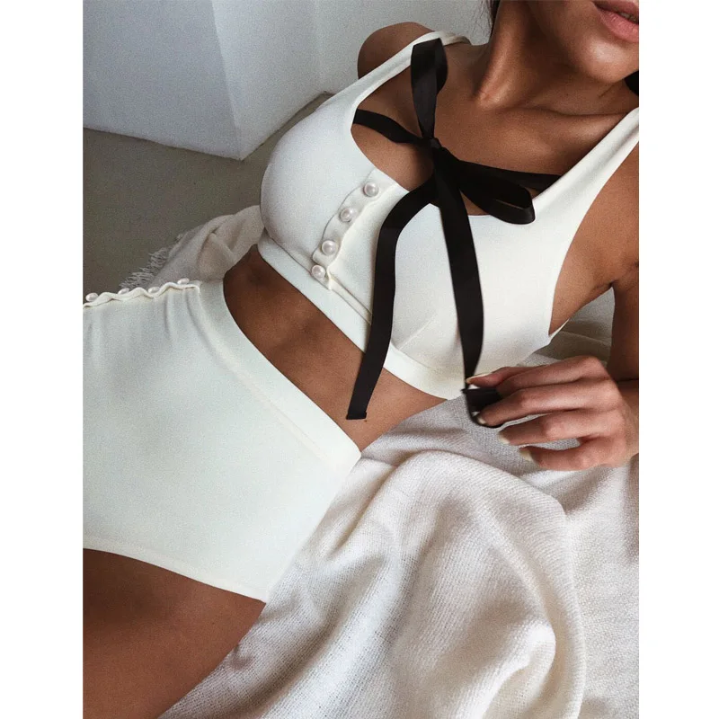 Женские пикантные Высокая Талия бикини 2020 сплошной черный белый цвет бандо