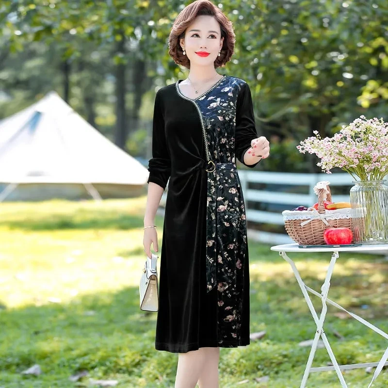 

XL-5XL Middle Aged Mothers Long Sleeve Dress Spring Autumn New V-neck Gold Velvet Dresses Women Elegant Vestidos Mujer 5XL 2410