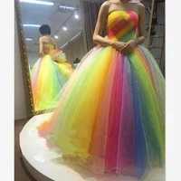 womens long tulle prom party dress colorful rainbow strapless cocktail gowns fashion floor length female robe