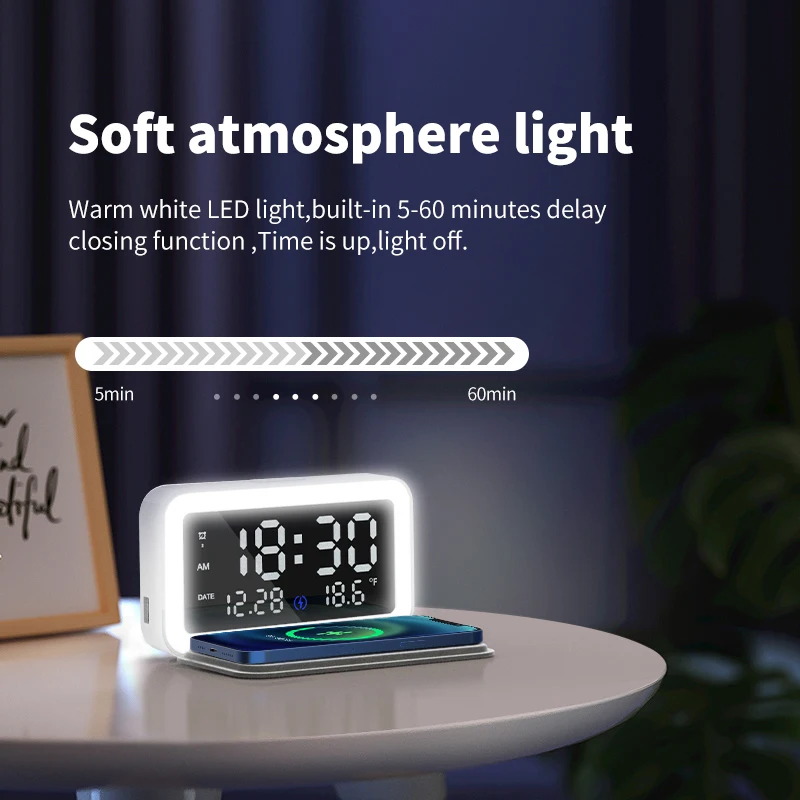 

LED Electric Alarm Clock Digital Thermometer Clock HD Mirror Clock With 15W Phone Wireless Fast Charger Night Display 12/24 Hour