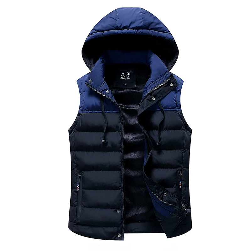 New Fashion Vest Jacket Men Winter Hooded Sleeveless Waistcoat Blue Red Matching Slim Warm Thick Hommes Vests Plus Size Clothing | Мужская