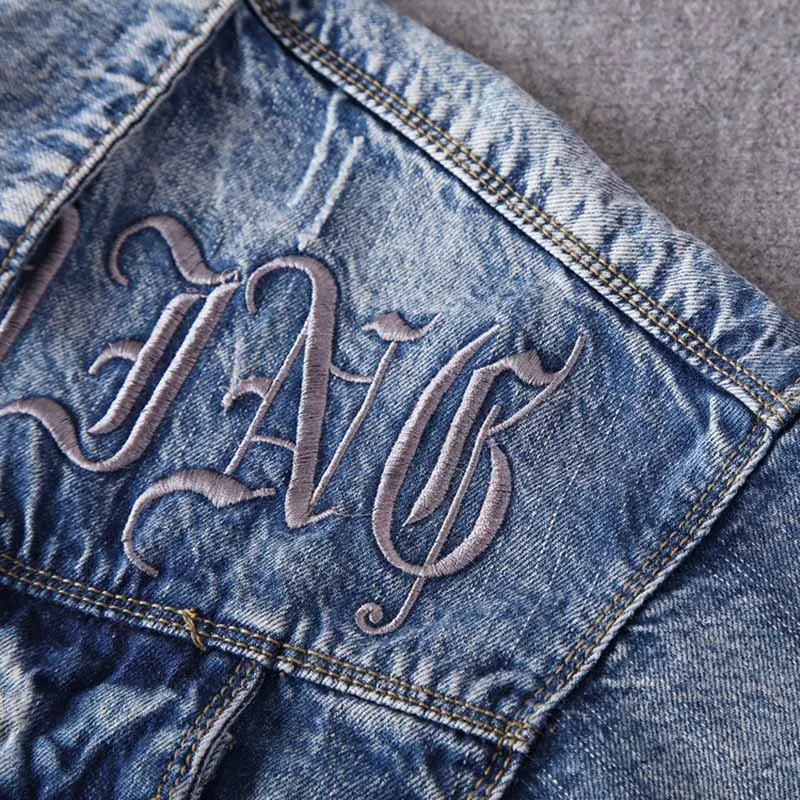 

KIOVNO High Street Men's Fashion Embroidery Jeans Jackets Blue Color Washed Denim Jackets Coats For Male