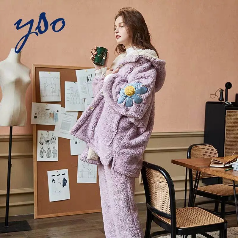 Зимняя фланелевая женская пижама комплект из 2 предметов теплая утолщенная