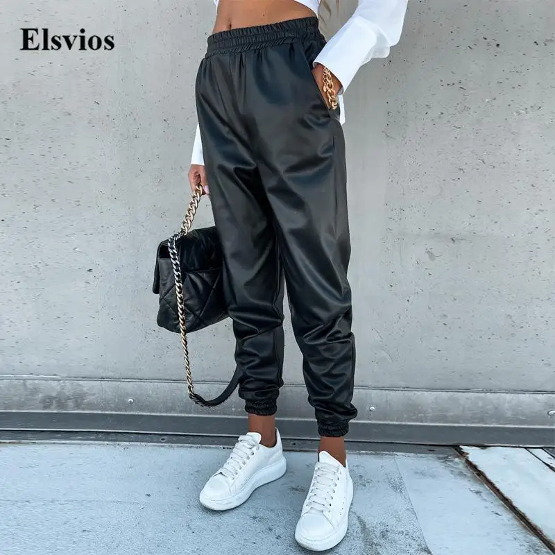 

Women Elastic Waist Pocket Fashion Trousers Solid Casual Midi Waist Autumn Long Pants Office Ladies PU Leather Pants Streetwear