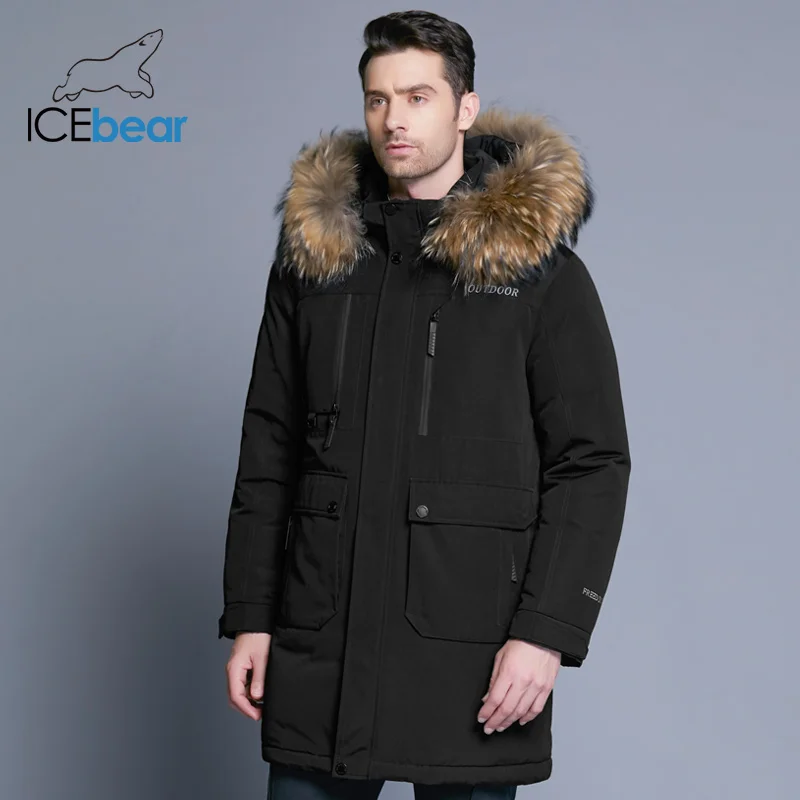 ICEbear Новинка зимний мужской пуховик высокого качества, со вставками, шапка, мужские куртки, Толстая теплая одежда с меховым воротником, MWY18963D