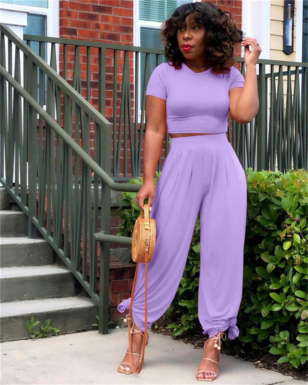 

RStylish 2021 Summer Hot Sales Outfits Plus Size Solid Short Sleeve O Neck Crop Tops Wide Leg Pants Women Casual Two Piece Set