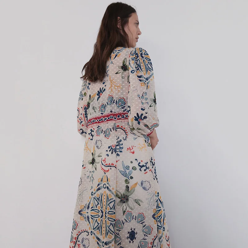 Шифоновая рубашка с принтом ZA длинное платье в стиле бохо v образным вырезом