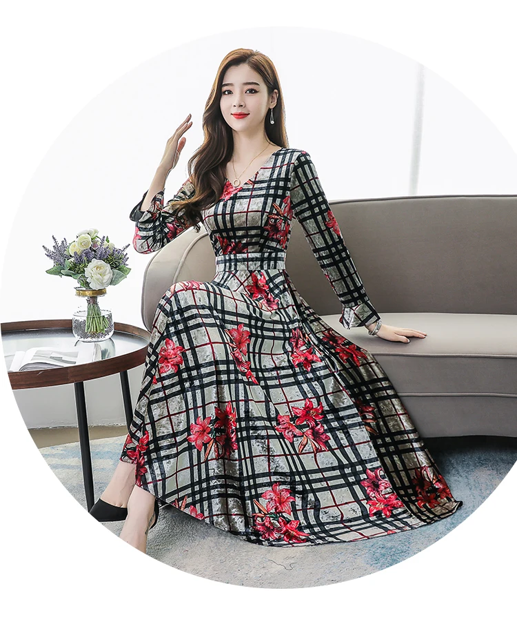 Vintage Floral Velvet Maxi Dresses Autumn Winter 3XL Plus Size Long Sleeve Midi Dress Elegant Women Bodycon Party Vestidos