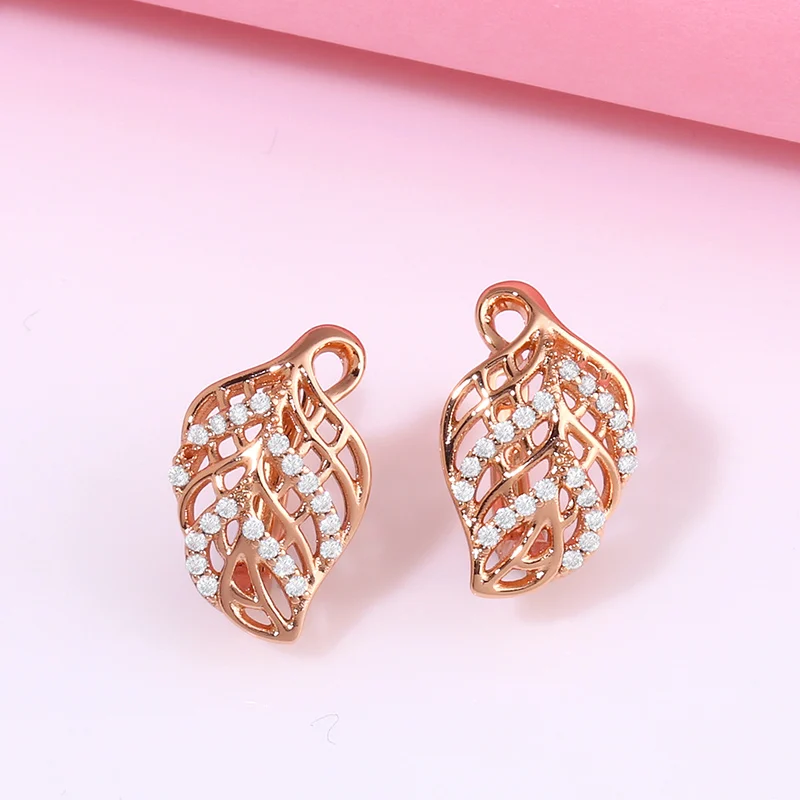 Женские Золотые сережки с полыми листьями и камнями 585 пробы вечерние