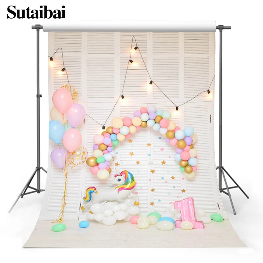 Enlarge Newborn Unicorn Birthday Background Shiny Spotlight Balloons Vinyl Cloth Backdrops for Baby Birthday Party Banner Photo Studio