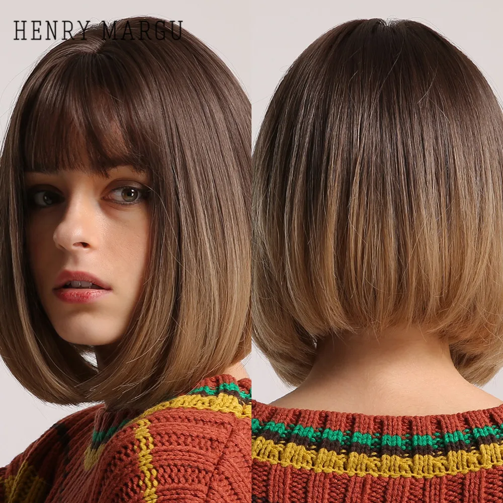 

HENRY MARGU Blonde Brown Ombre Bob Synthetic Wigs for Women Short Straight Hair Wig Cosplay Party Wigs with bangs Heat Resistant