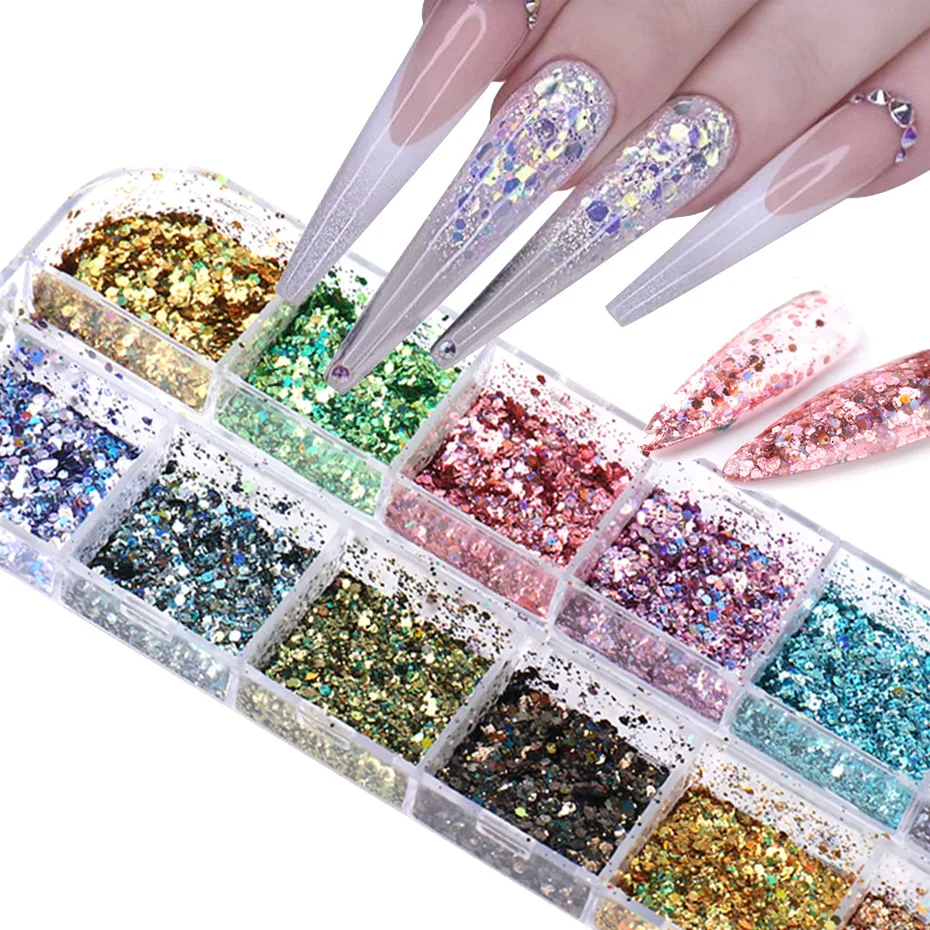 

Holographic Nail Glitter Flakes Sequin 12pcs in 1 Rose Gold Silver DIY Butterfly Dipping Powder for Acrylic Nails Tools