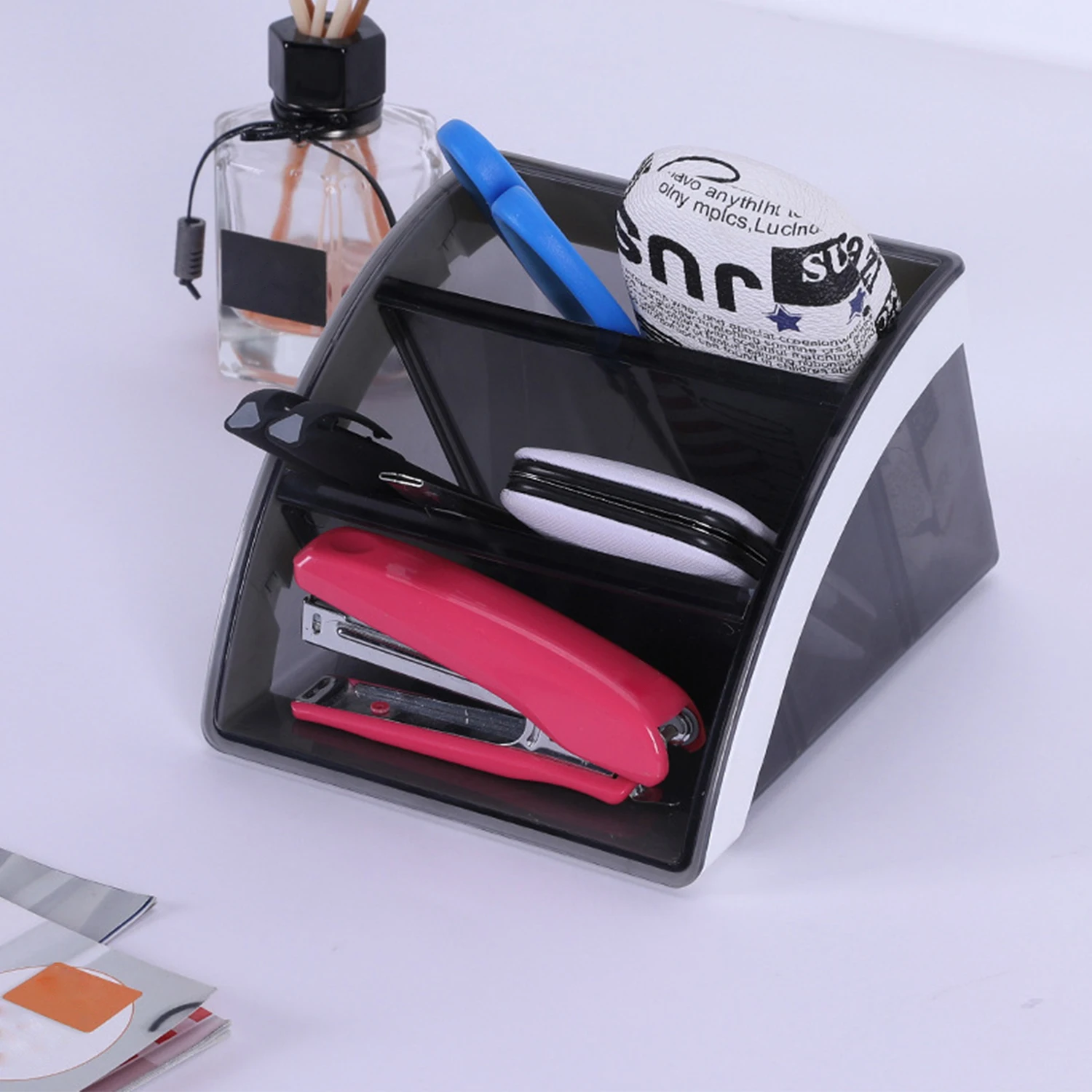 

Multifunctional Desk Organizer Caddy 3 Compartments Box Holder Remote Control Storage Organizer Tabletop Pen Desk Storage Box