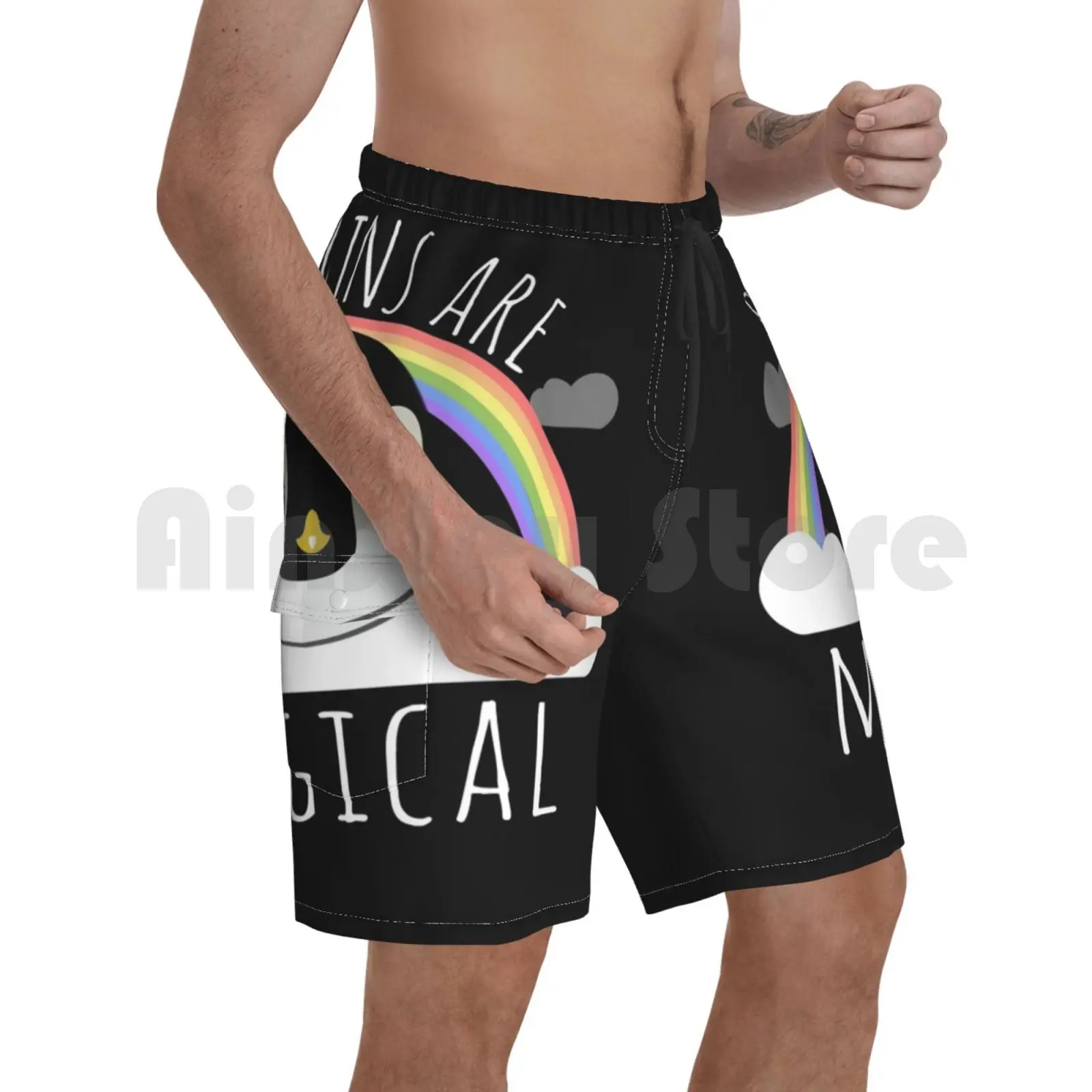 

Пингвины волшебный Пляжные шорты мужские пляжные шорты для купания Единорог крутые Пингвины с нарисованной радугой «Happy Пингвины волшебны...