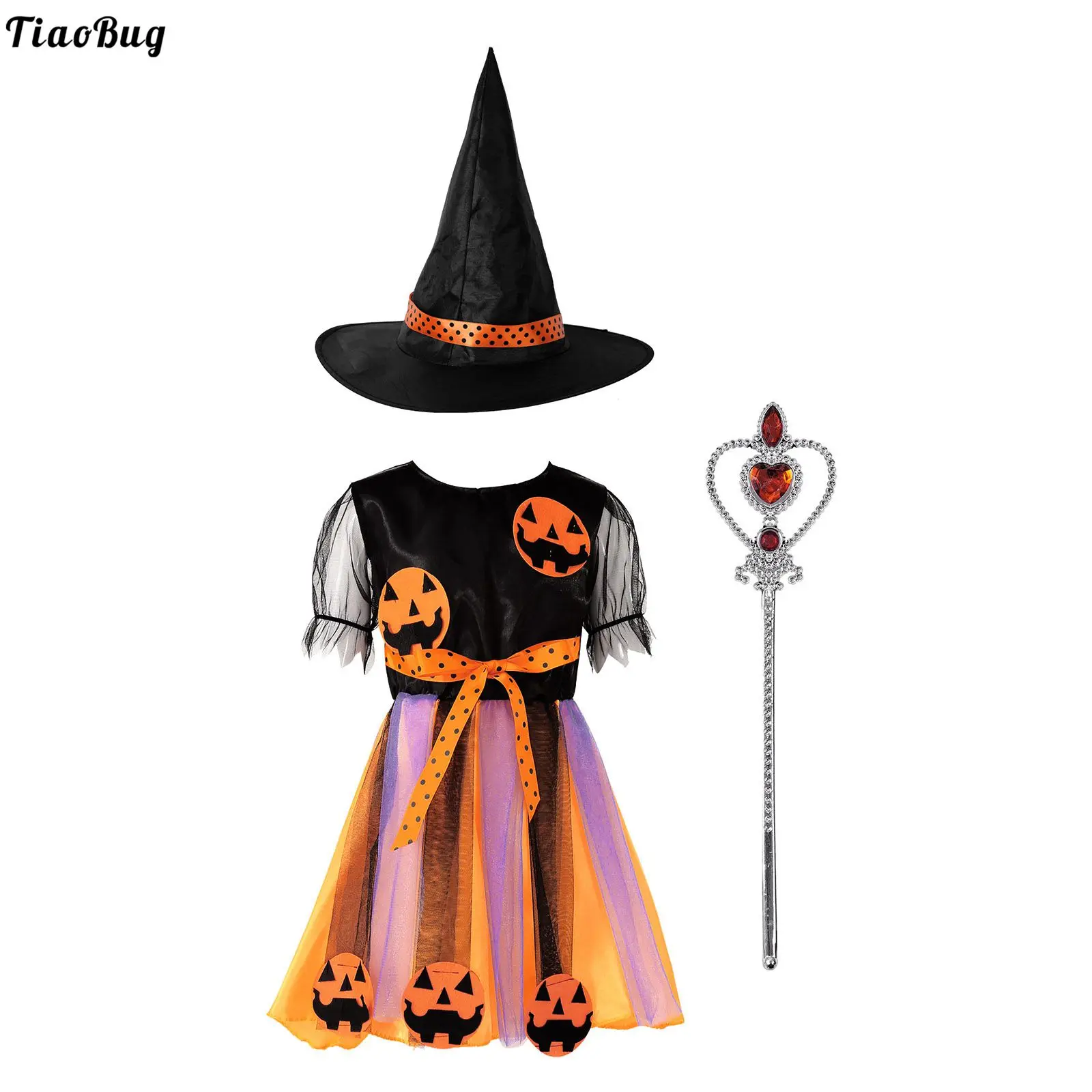 

TiaoBug 3Pcs Kids Girls Witch Halloween Cosplay Carnival Theme Party Role Play Costumes Bowknot Mesh Dress