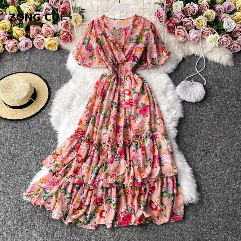 

Women New Fashion V-neck Ruffled High Waist Slim Floral Print Casual Dress Lady Sexy Vestidos Mujer 2021 Chiffon A-line dress
