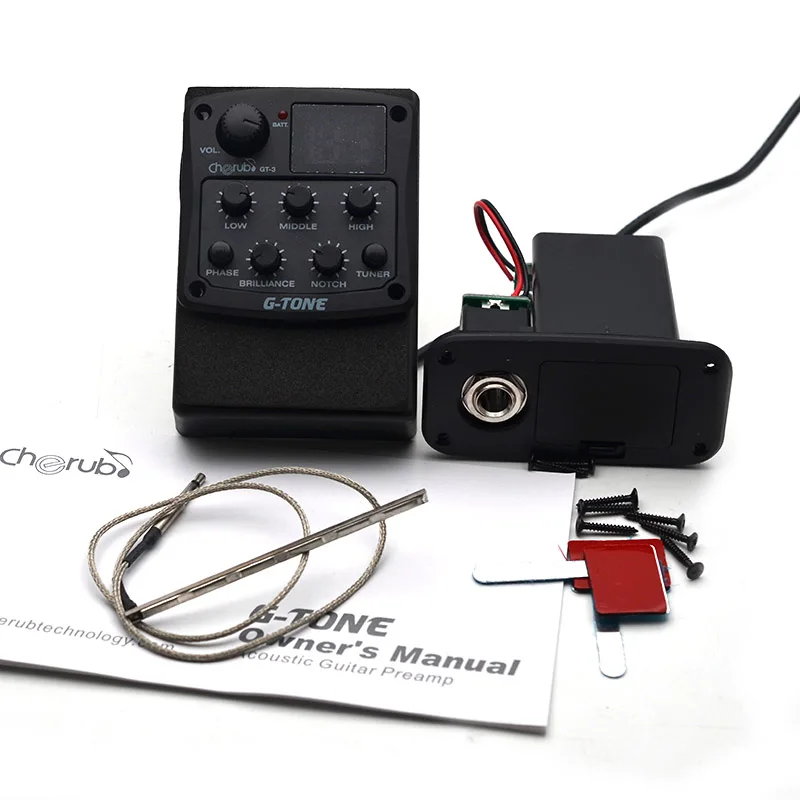 Черуб G-Tone GT-3 4-полосный акустический гитарный предусилитель EQ с пьезо-забором, эквалайзером, хроматическим тюнером, эффектом фазы и аксессуарами.
