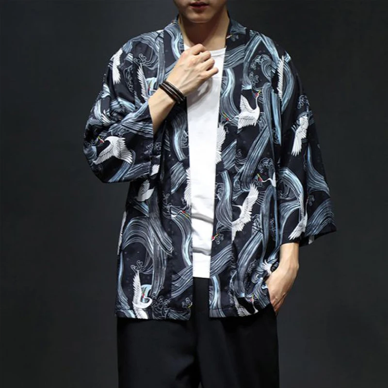 

Yukata Kimono Obi Samurai Crane Japanese Style Haori Robes Men Cardigan Chinese Dragon Blouse Jackets Traditional Asian Clothes