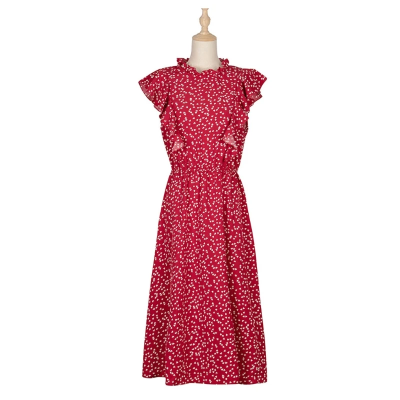 

Women Summer Dot Print Ruffled Butterfly Sleeve Midi Long Dress Fashion A-Line Casual Loose Fit Red Chiffon Sundress