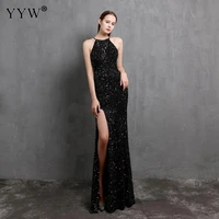 2021 black sequin long evening dress women sexy sleeveless bling high side slit party long dresses off shoulder femme vestidos