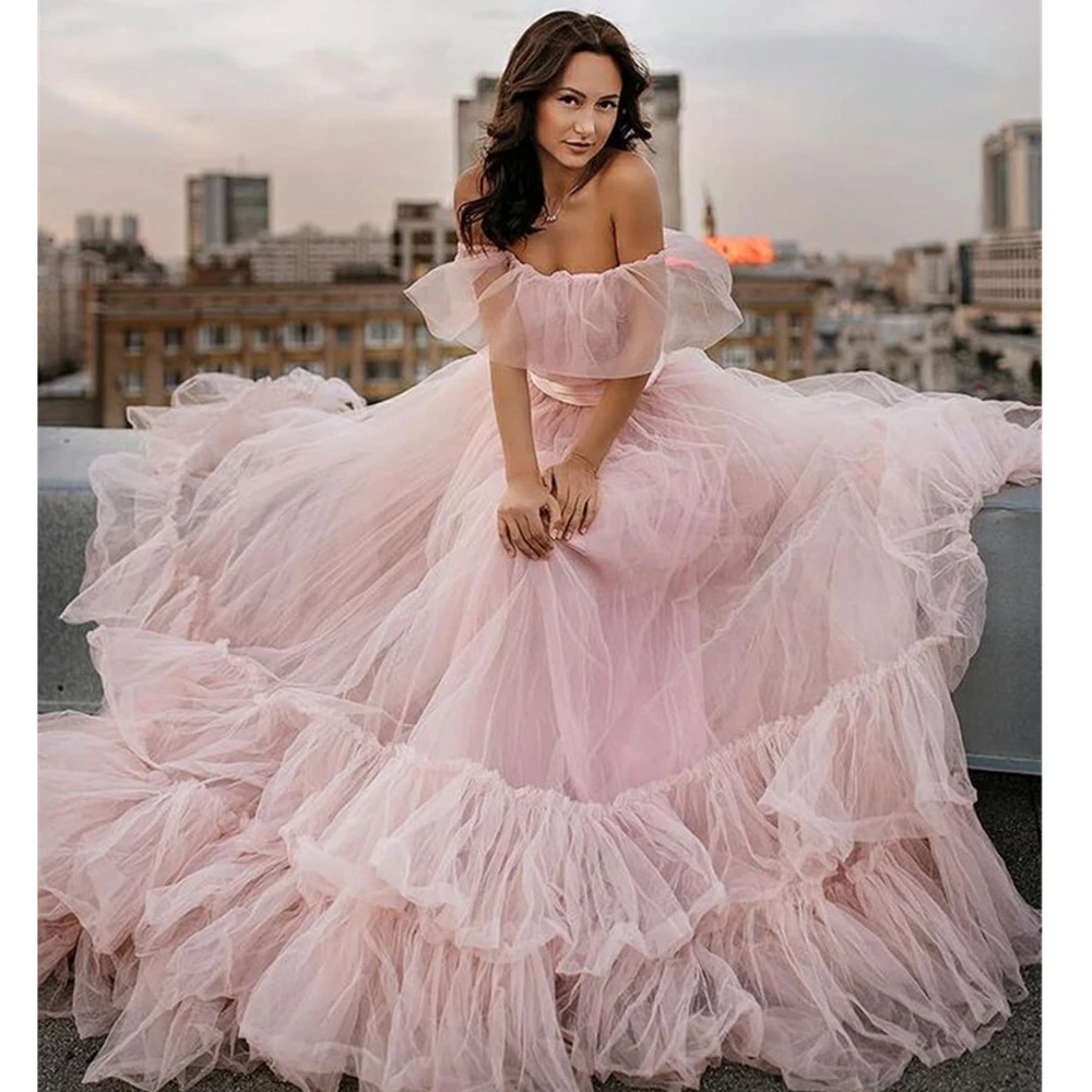 

Женское свадебное платье с открытыми плечами, розовое Тюлевое платье с оборками, платье принцессы, платье для невесты в деревенском саду, ве...