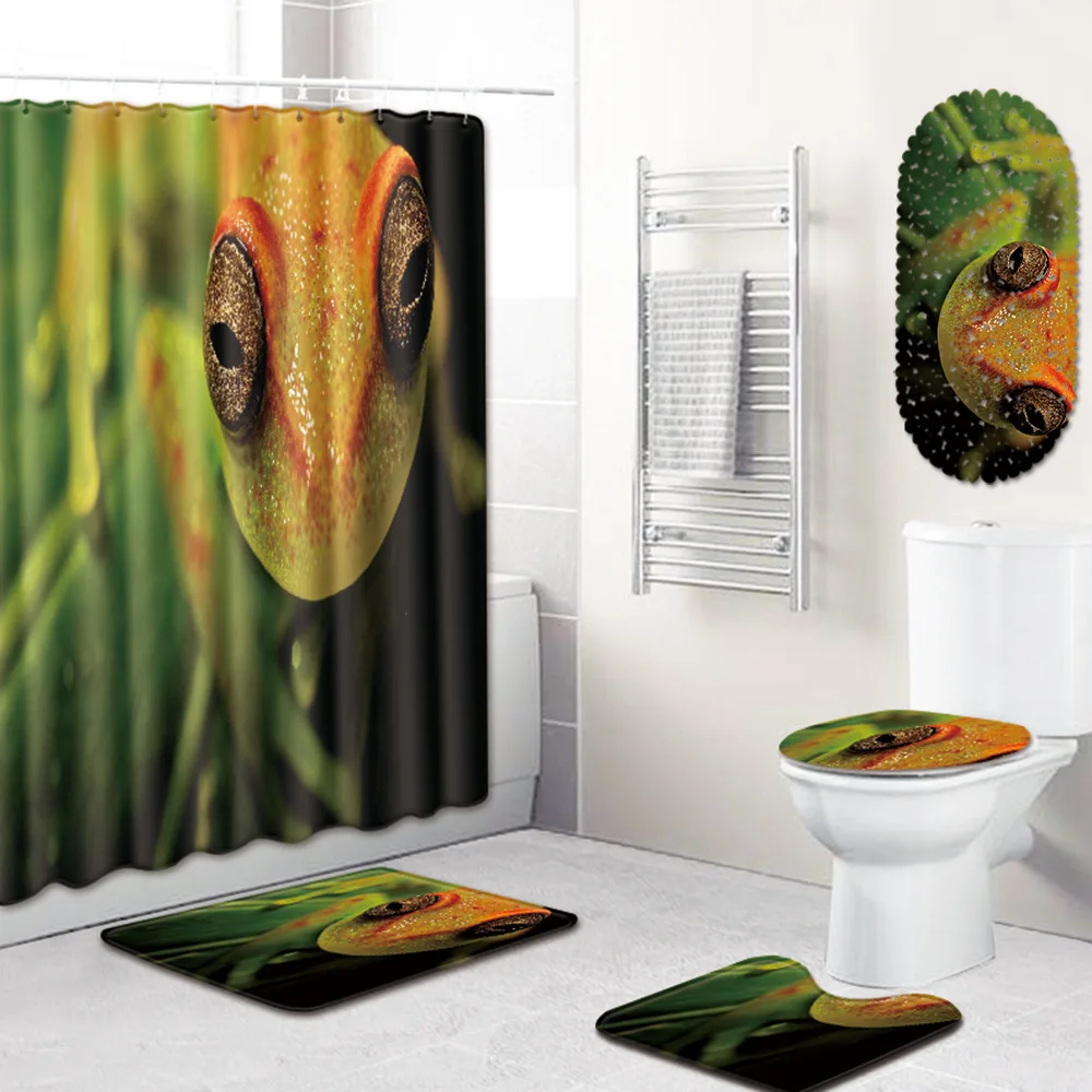 

Frog Bathroom Waterproof Shower Curtain Floor Mat Toilet Cover Foot Mat Bathtub Mat Five-Piece Set bathroom rugs set