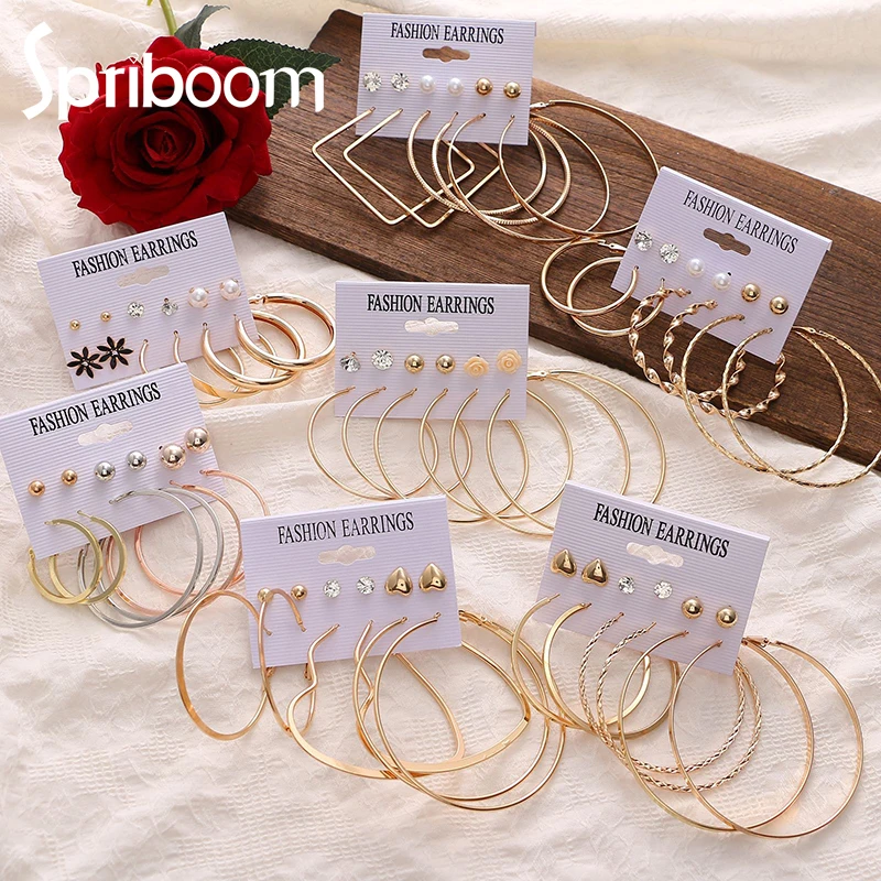 

Women Hoops Earrings Set Gold Silver Color Geometric Earring Circle Round Punk Hoop Jewelry Female Party Hyperbole Accessories
