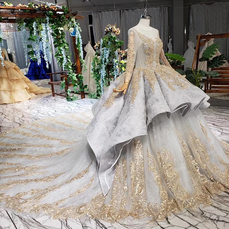 BGW 3513ht Luxury Ball Gown Ladies Evening Dresses For Special Occasions O-neck Long Sleeve Golden Lace Long Evening Gown Rochii