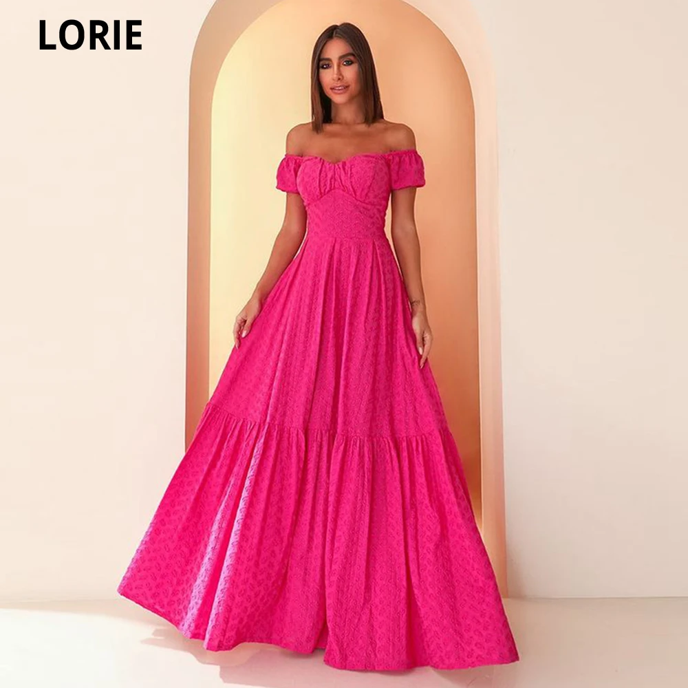 

LORIE Sexy Hot Pink A-line Short Sleeves Prom Dresses Zipper Back Lace Evening Prom Gowns Formal Party Dress Robe De Soiree